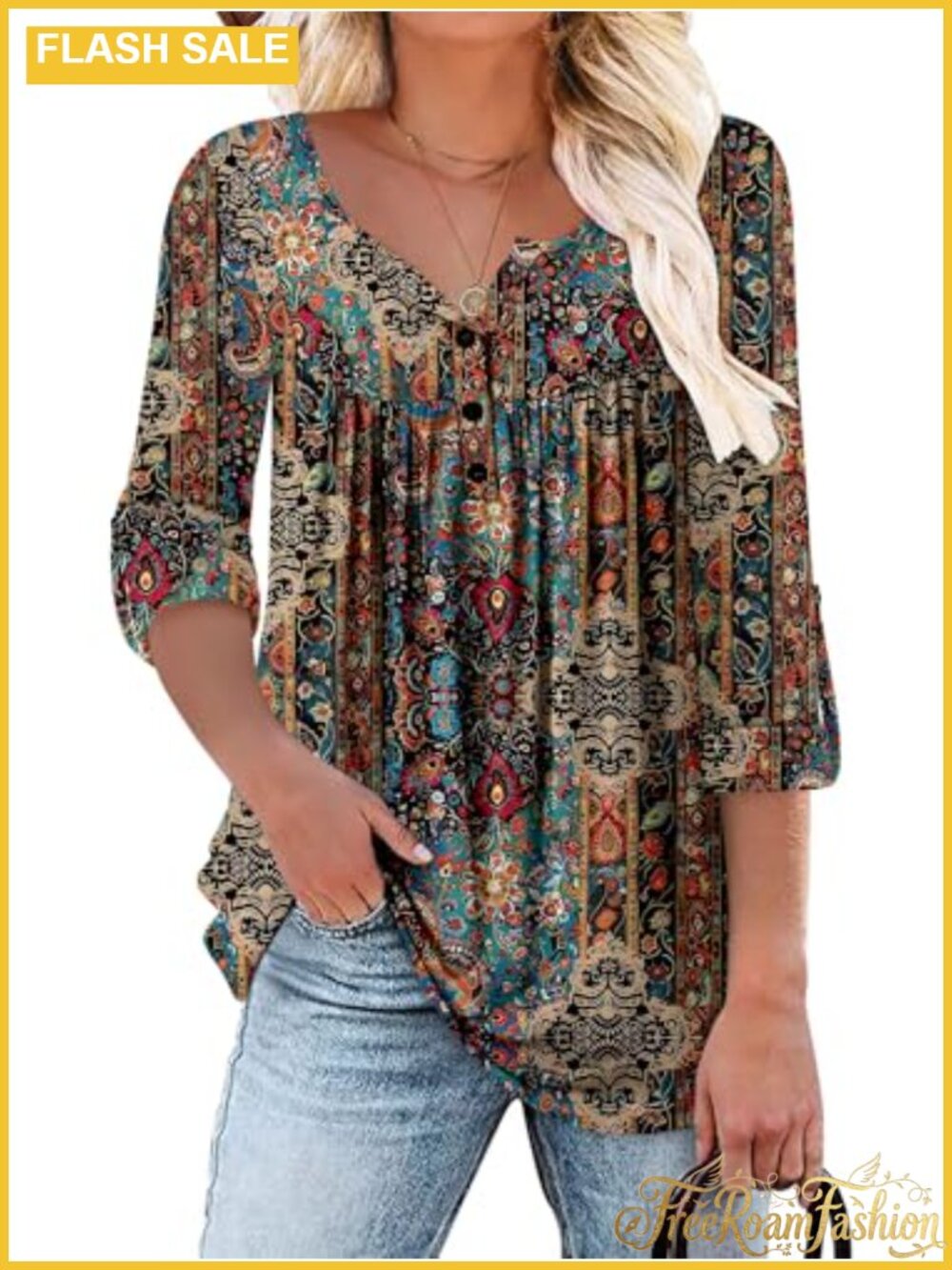 Womens Floral Tunic Top V-Neck Long Sleeve Ruffle Loose Fit Blouse